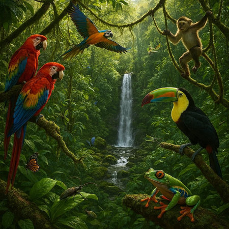 Tropical rainforest with two parrots, monkey and toucan
