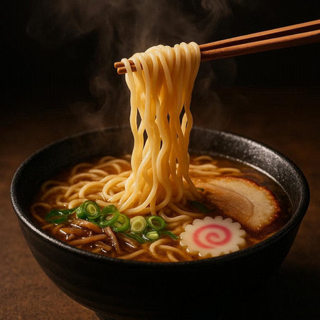 Japanese ramen noodle soup with chopsticks on a dark background