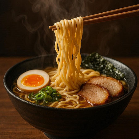 japanese ramen noodle in black bowl on wooden table