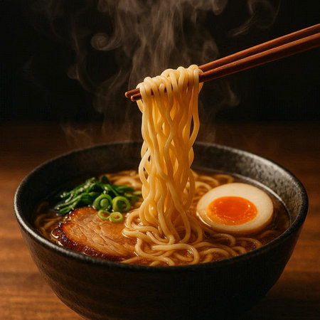 Japanese ramen noodle soup in bowl with chopsticks on wooden table