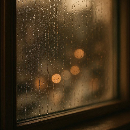 Rain drops on the window. Raindrops on the window in the evening.