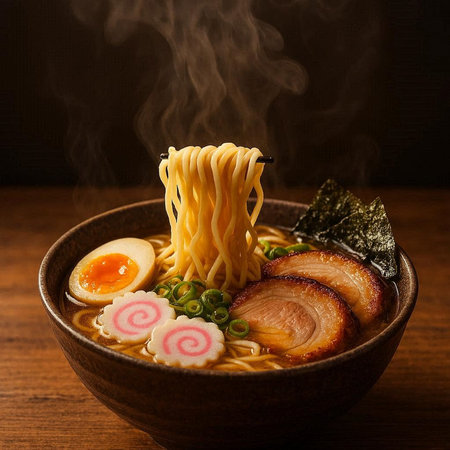 Japanese ramen noodle soup with sliced pork in bowl on wooden table