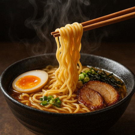Japanese ramen noodle with pork and egg on dark wooden background