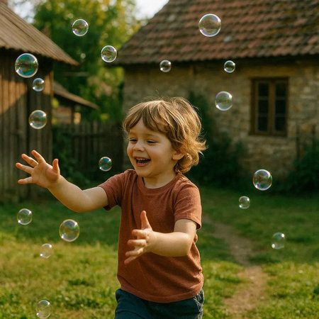 Little boy playing with soap bubbles in the yard of the country house