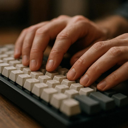 Close-up of male hands typing on keyboard. Male hands typing on keyboard.