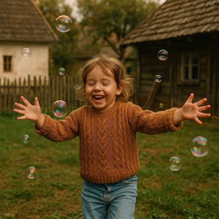 Cute little girl playing with soap bubbles outdoors. Happy child having fun with colorful bubbles.