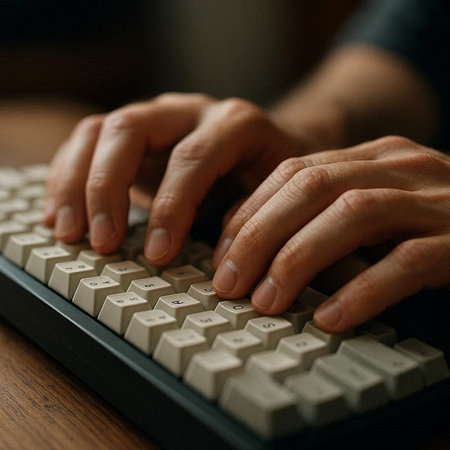 Man typing on computer keyboard. Close up of male hands typing on computer keyboard.