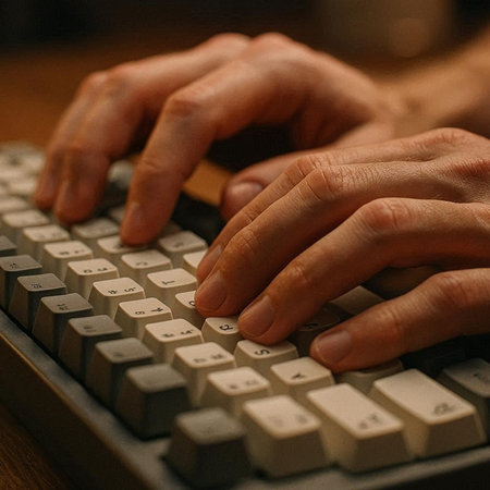 Hands typing on a computer keyboard, close-up view.