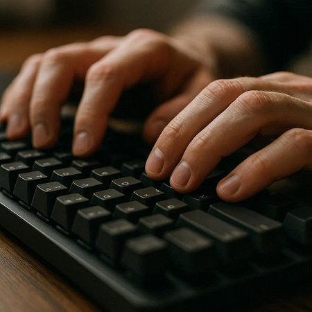 Hands typing on a computer keyboard. Close-up photo.