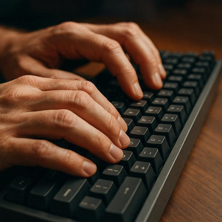 Hands typing on a computer keyboard. Close-up image.