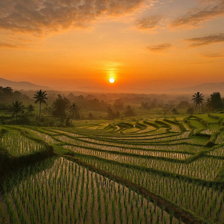 Rice terraces at sunset in Bali, Indonesia. Nature background