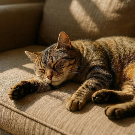 Cute tabby cat sleeping on sofa at home, closeupの写真素材