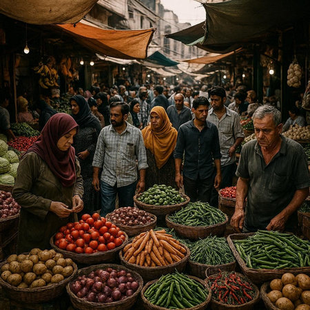 View of unknowns Nepali people selling vegetables at the street market in Kathmandu in the morning