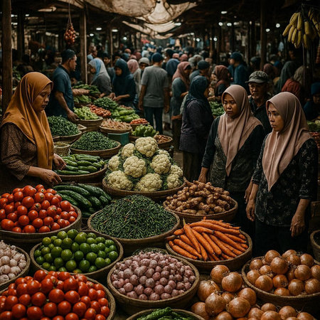 Unidentified local people sell vegetables at the local market.