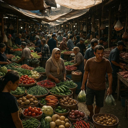 View of unknowns Nepali people selling vegetables at the street market in Kathmandu in the morning