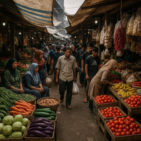 View of unknowns Nepali people selling vegetables at the street market in Kathmandu in the morning