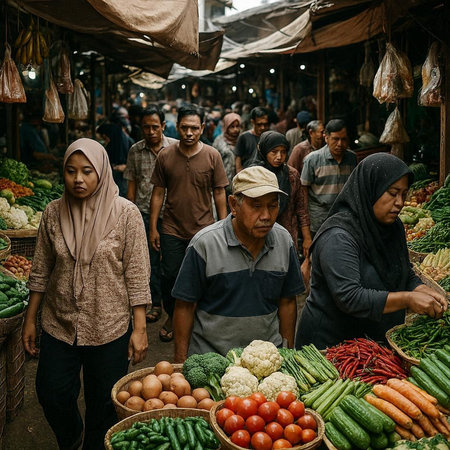 View of unknowns Nepali people selling vegetables at the street market in Kathmandu in the morning