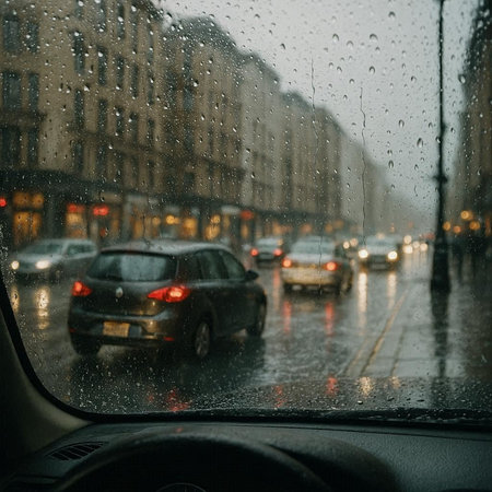 View from the car window on raindrops on the street and cars in the cityの写真素材