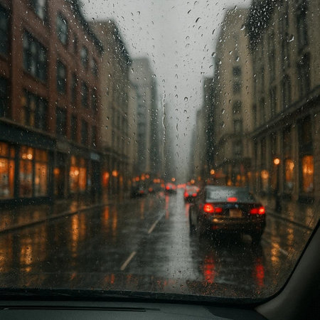 Rainy day in the city. Rain drops on the car windshield.