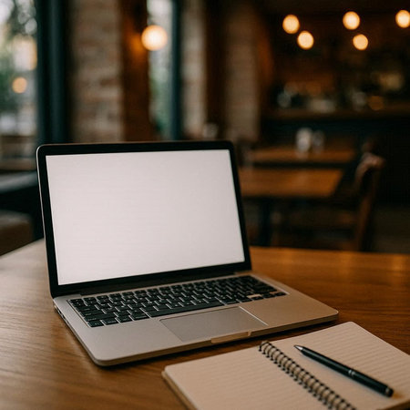 Laptop with blank screen and notepad on wooden table in cafe