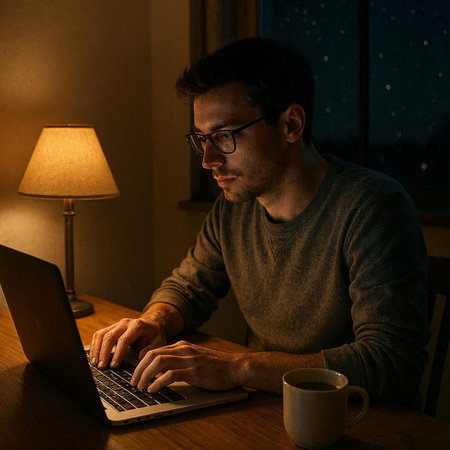 Young man working on laptop at night in dark room with cup of coffee