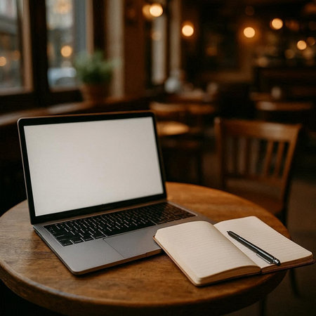 Laptop with blank screen and notebook on wooden table in cafe.