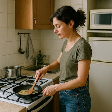 Woman cooking oatmeal porridge in a frying pan in the kitchenの写真素材