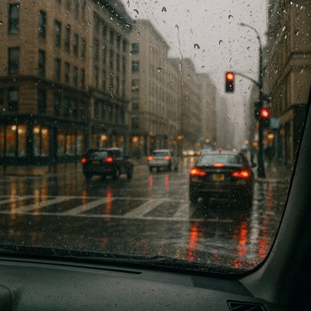 Rainy day in the city. Raindrops on the windshield.