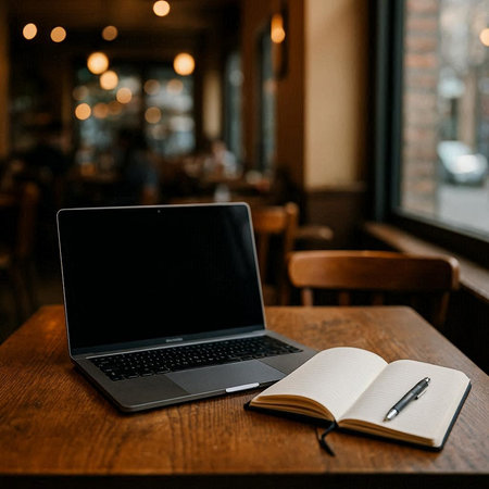 Laptop with blank screen and notebook on wooden table in cafe.