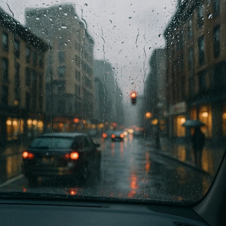 Rainy day in the city. A view through the car window.の写真素材