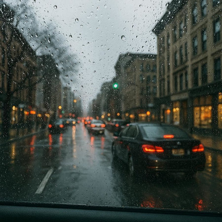 Rainy day in the city. Car traffic on a rainy day.の写真素材