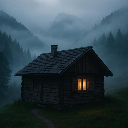 Wooden cottage in the mountains at night. Old house in the fog.の写真素材