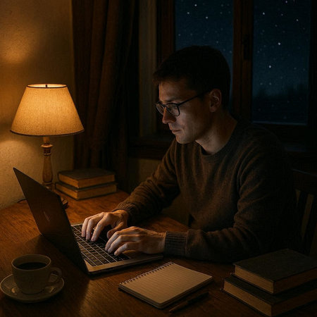 A young man in glasses works at a laptop in the dark at night.