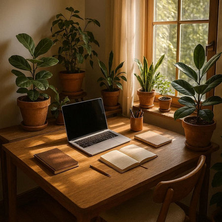 Laptop on a wooden table in a room with plants and a windowの写真素材