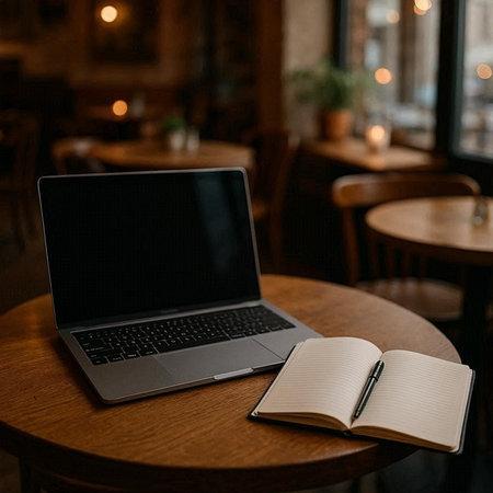 Laptop with blank screen and notebook on wooden table in coffee shop.