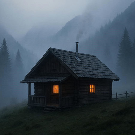 Wooden cottage in the mountains at dawn. The concept of rural tourism.の写真素材