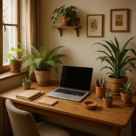 Laptop on a wooden table in a cozy home office with plants.