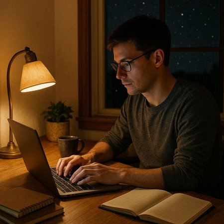 Young man working on a laptop at home in the evening. Freelance concept.