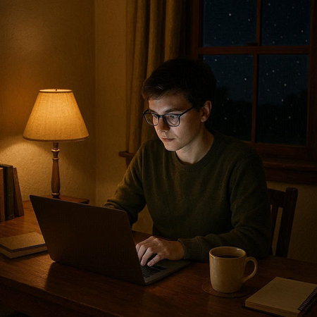 Young man working on a laptop at night in a dark room.