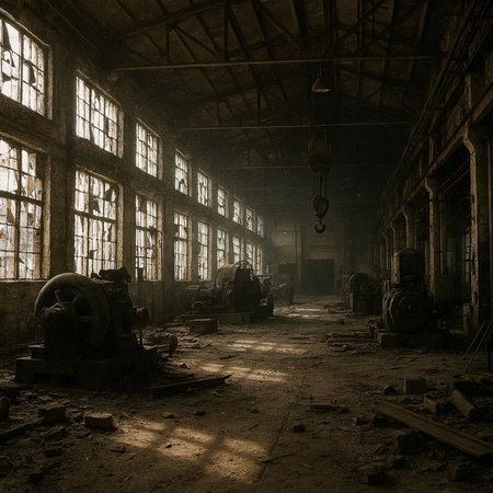 Interior of an old abandoned factory. 3D rendering, toned imageの写真素材