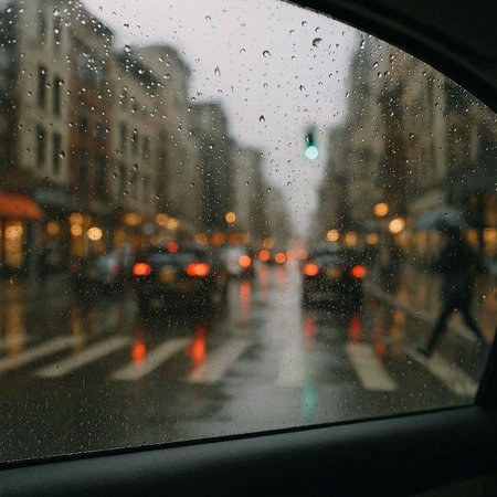 Raindrops on the window glass. Blurred traffic in the city.