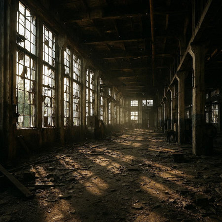 Abandoned factory interior with sunlight coming through the windows. 3d renderingの写真素材