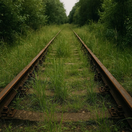 Railway tracks in the green forest. Shallow depth of field.の写真素材