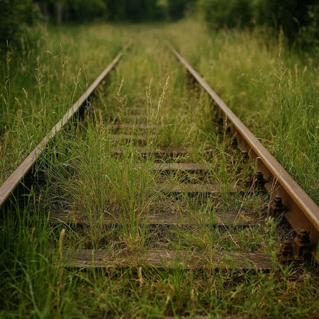 Railway tracks in the green grass. Close-up view.
