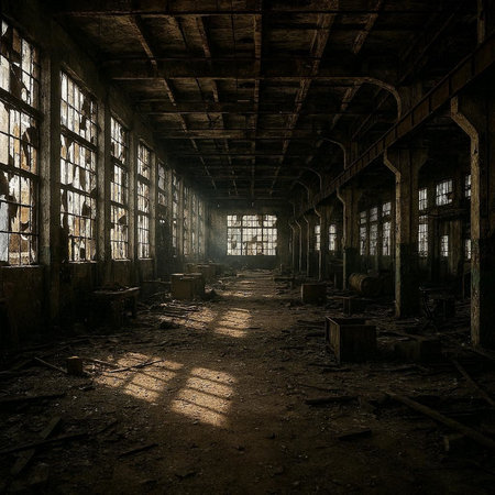 Abandoned industrial interior with windows and sunlight. 3d renderingの写真素材
