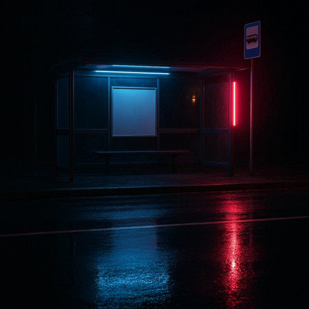 Blue neon bus stop on the street at night. 3D renderingの写真素材