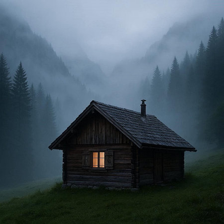 Wooden cottage in the mountains on a foggy summer day.の写真素材