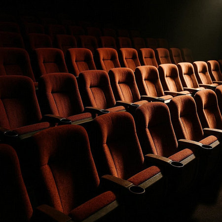 Cinema auditorium with rows of red seats in a row