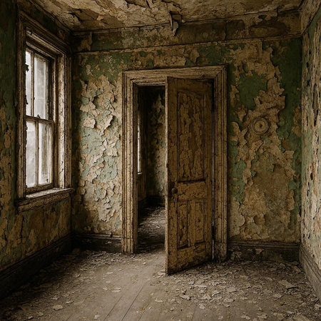 Abandoned room with old door and windows. 3D rendering