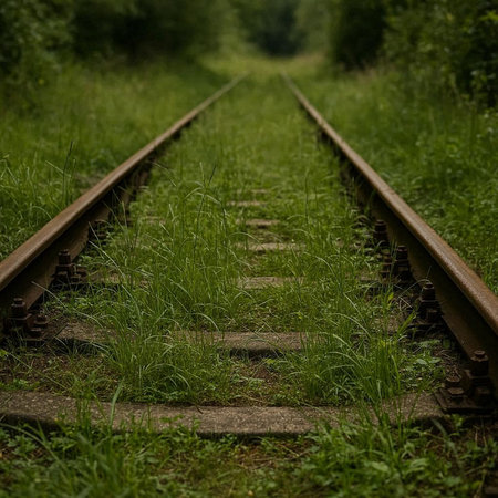 Railway tracks in the green grass. Selective focus and shallow depth of field.